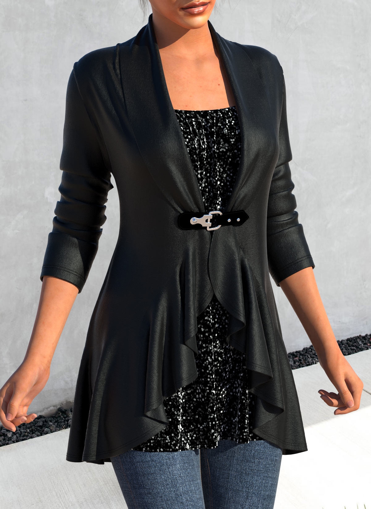 Black outerwear & coats,Plain Color outerwear & coats,ROTITA Ruffle Long Sleeve Black Leather Buckle Jacket