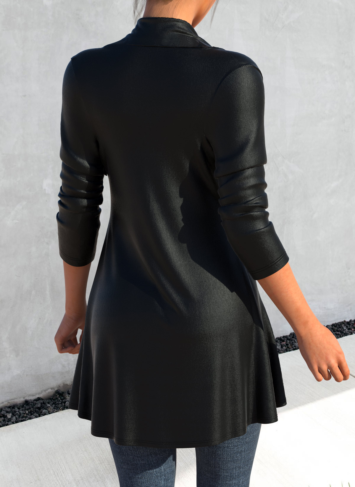 Black outerwear & coats,Plain Color outerwear & coats,ROTITA Ruffle Long Sleeve Black Leather Buckle Jacket