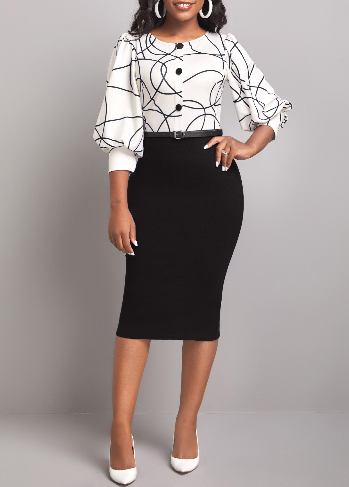Black dresses,Graphic dresses,ROTITA Graffiti Print Round Neck Black Bodycon Dress
