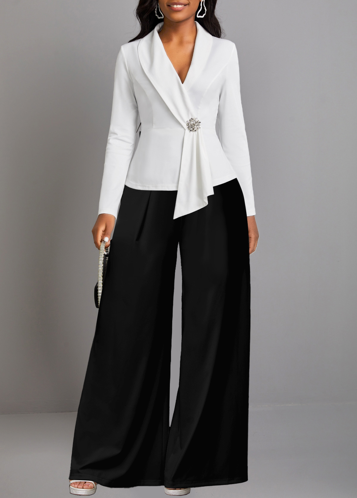 ROTITA Asymmetry Black Long Shawl Collar Jumpsuit