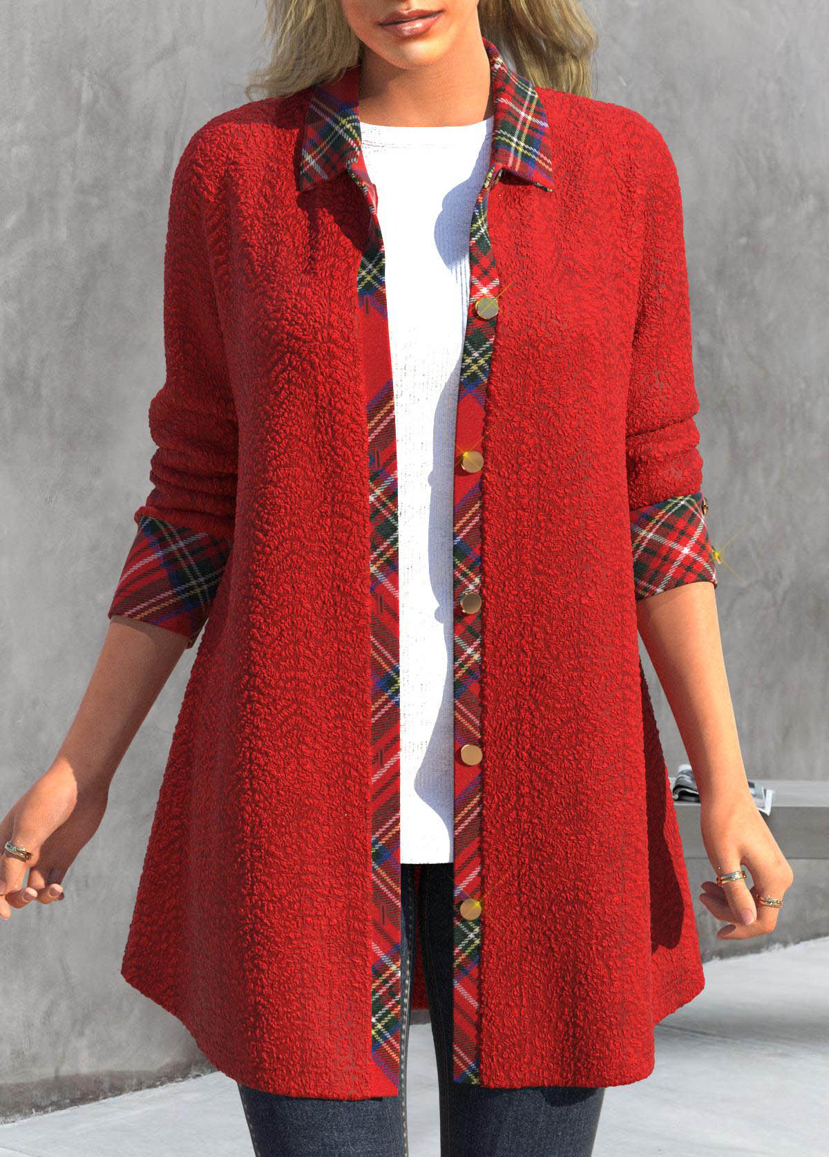 Red outerwear & coats,Plaid outerwear & coats,Geometric outerwear & coats,ROTITA Button Plaid Red Shirt Collar Long Sleeve Coat