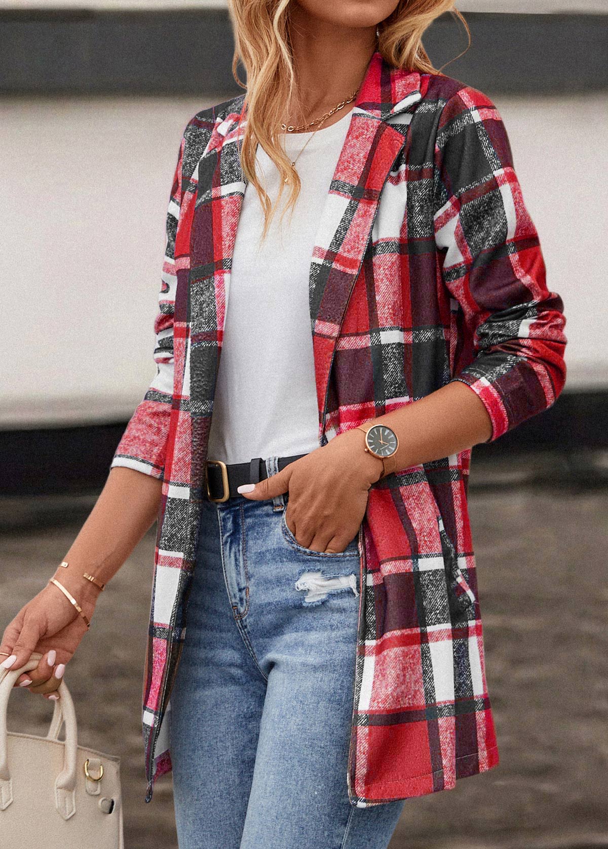 Red outerwear & coats,Plaid outerwear & coats,Pocket Plaid Red Lapel Long Sleeve Coat