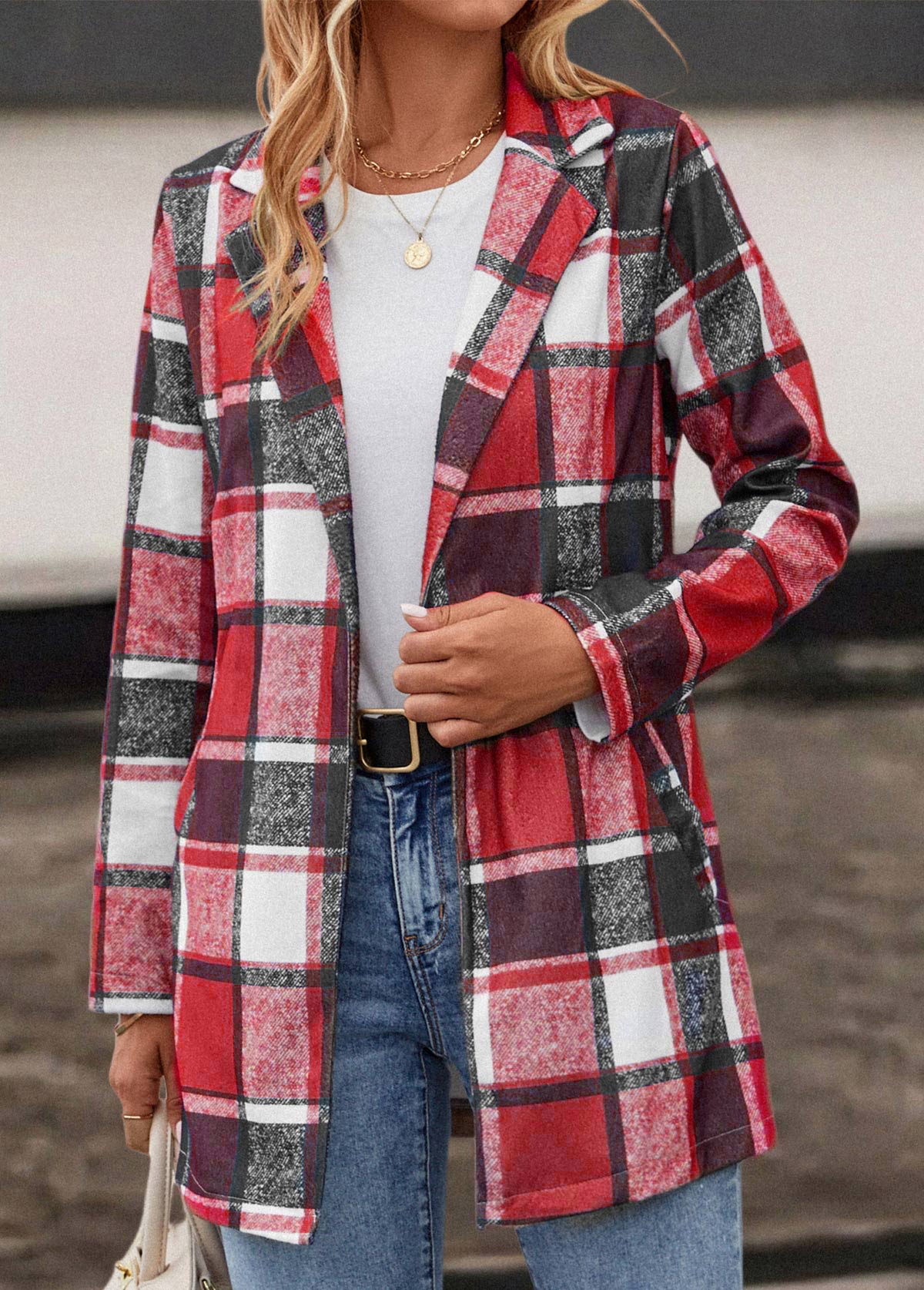 Red outerwear & coats,Plaid outerwear & coats,Pocket Plaid Red Lapel Long Sleeve Coat