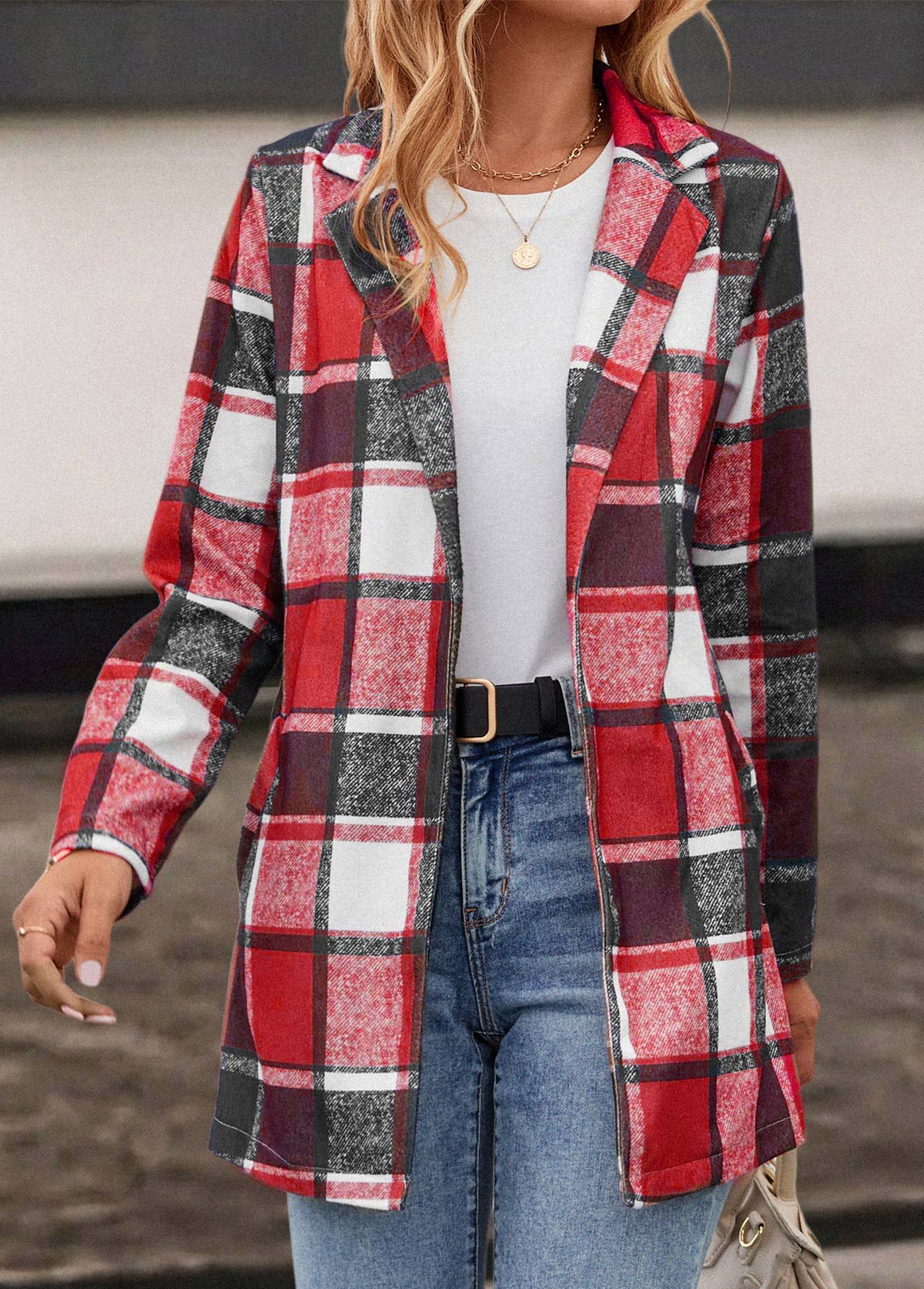 Red outerwear & coats,Plaid outerwear & coats,Pocket Plaid Red Lapel Long Sleeve Coat