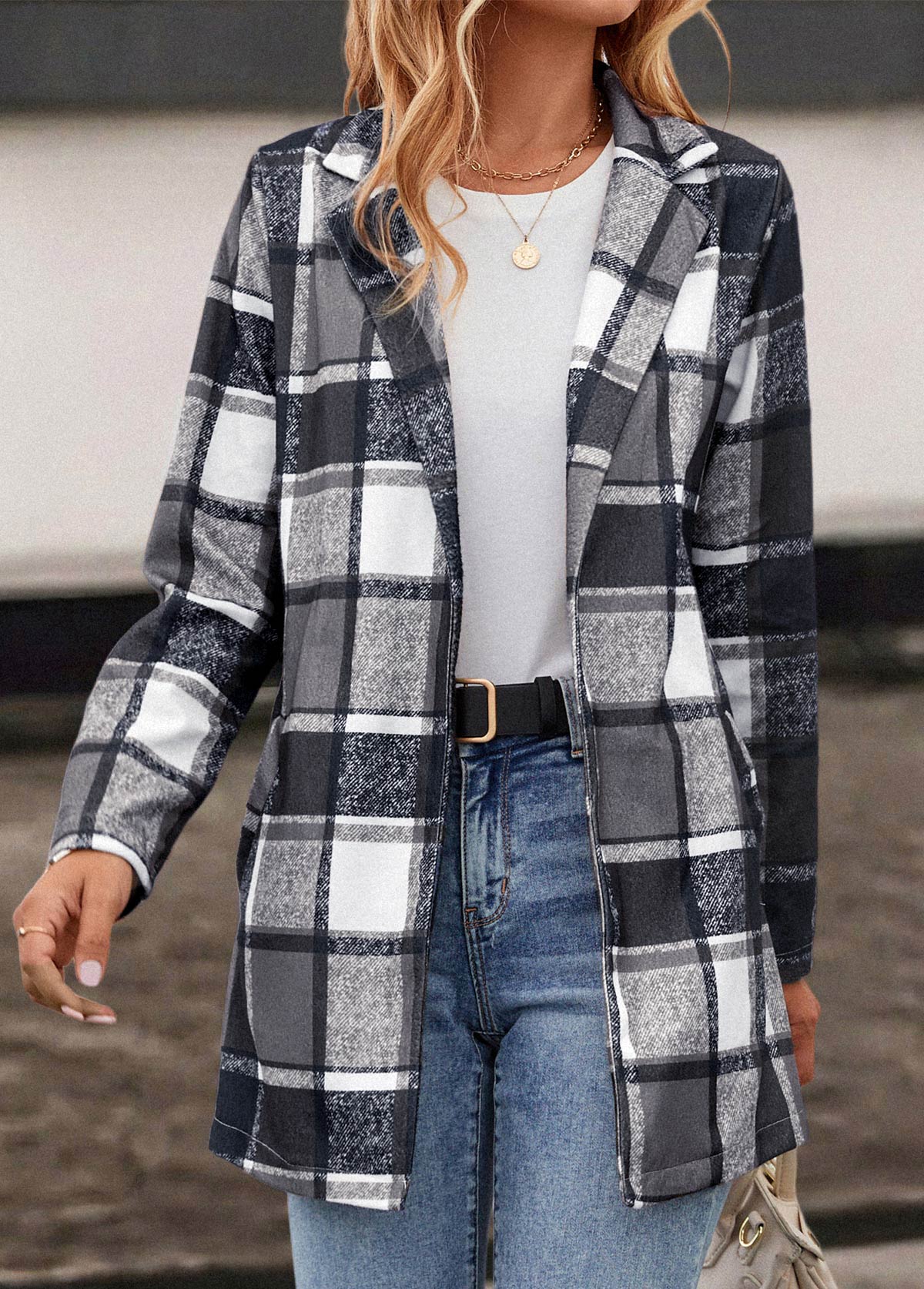 Dark Grey outerwear & coats,Plaid outerwear & coats,Pocket Plaid Dark Grey Lapel Long Sleeve Coat