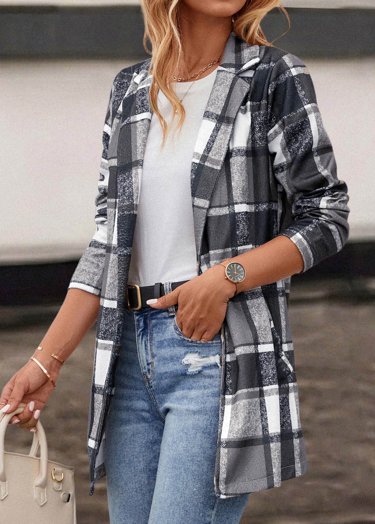 Dark Grey outerwear & coats,Plaid outerwear & coats,Pocket Plaid Dark Grey Lapel Long Sleeve Coat
