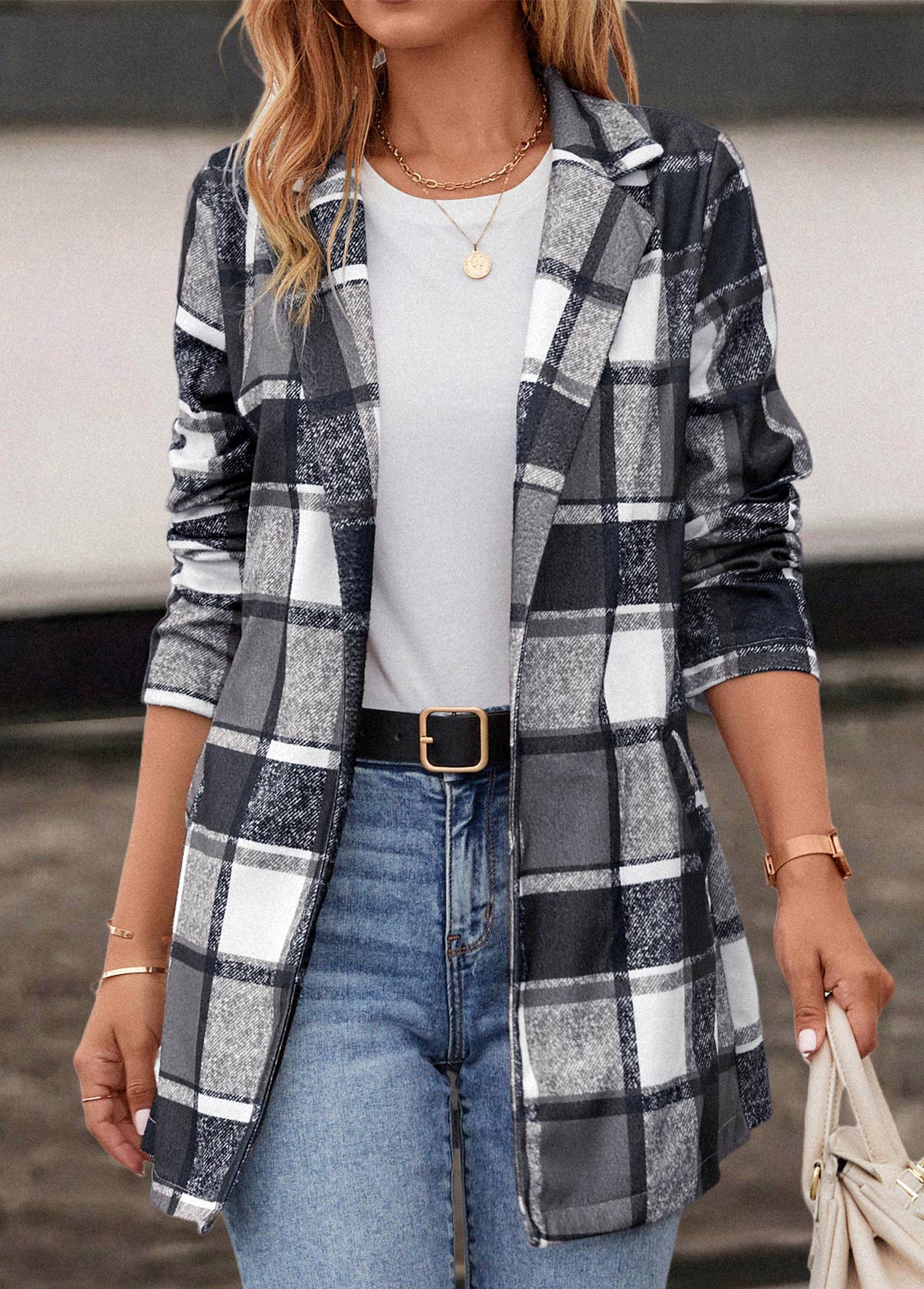 Dark Grey outerwear & coats,Plaid outerwear & coats,Pocket Plaid Dark Grey Lapel Long Sleeve Coat