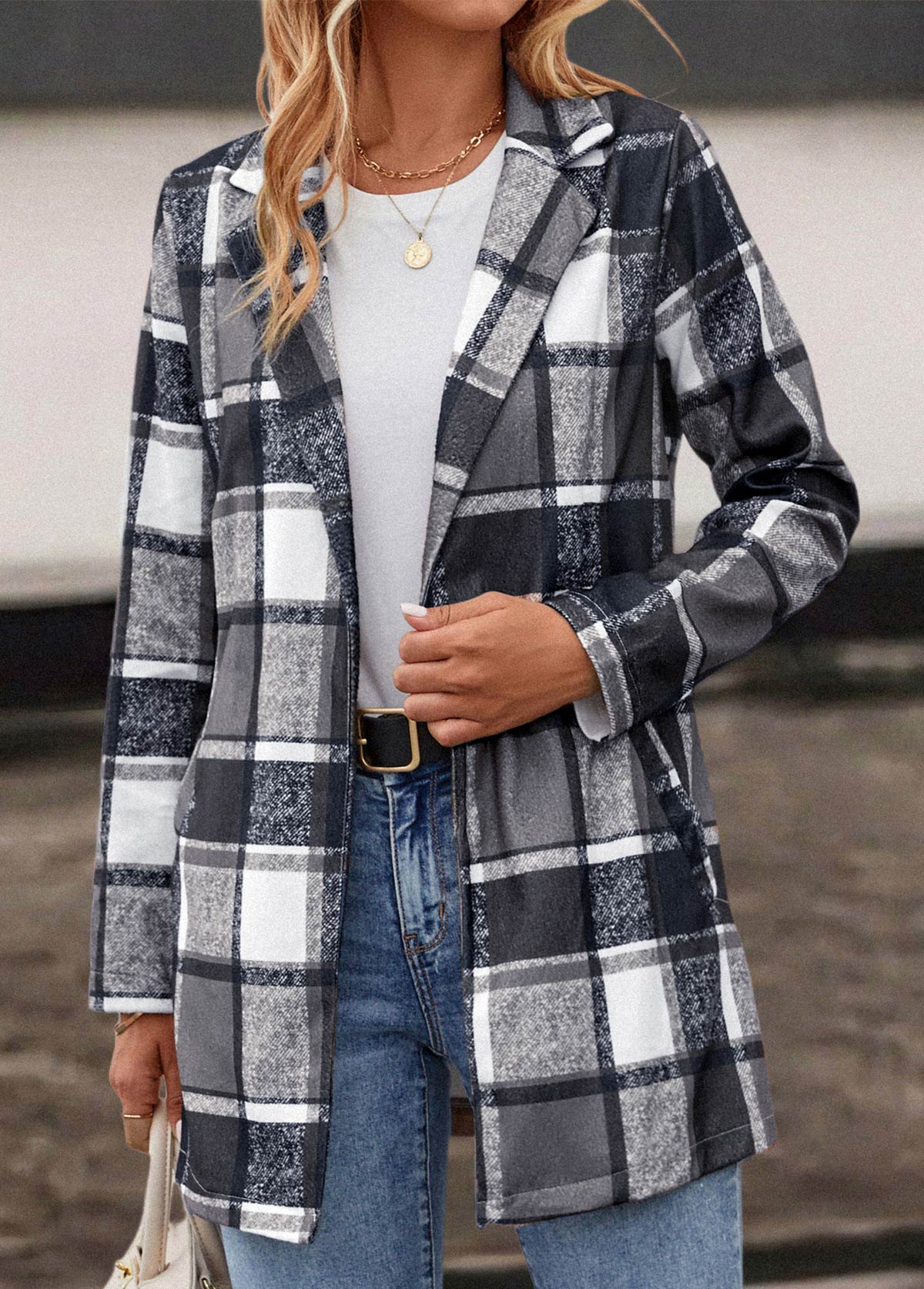 Dark Grey outerwear & coats,Plaid outerwear & coats,Pocket Plaid Dark Grey Lapel Long Sleeve Coat