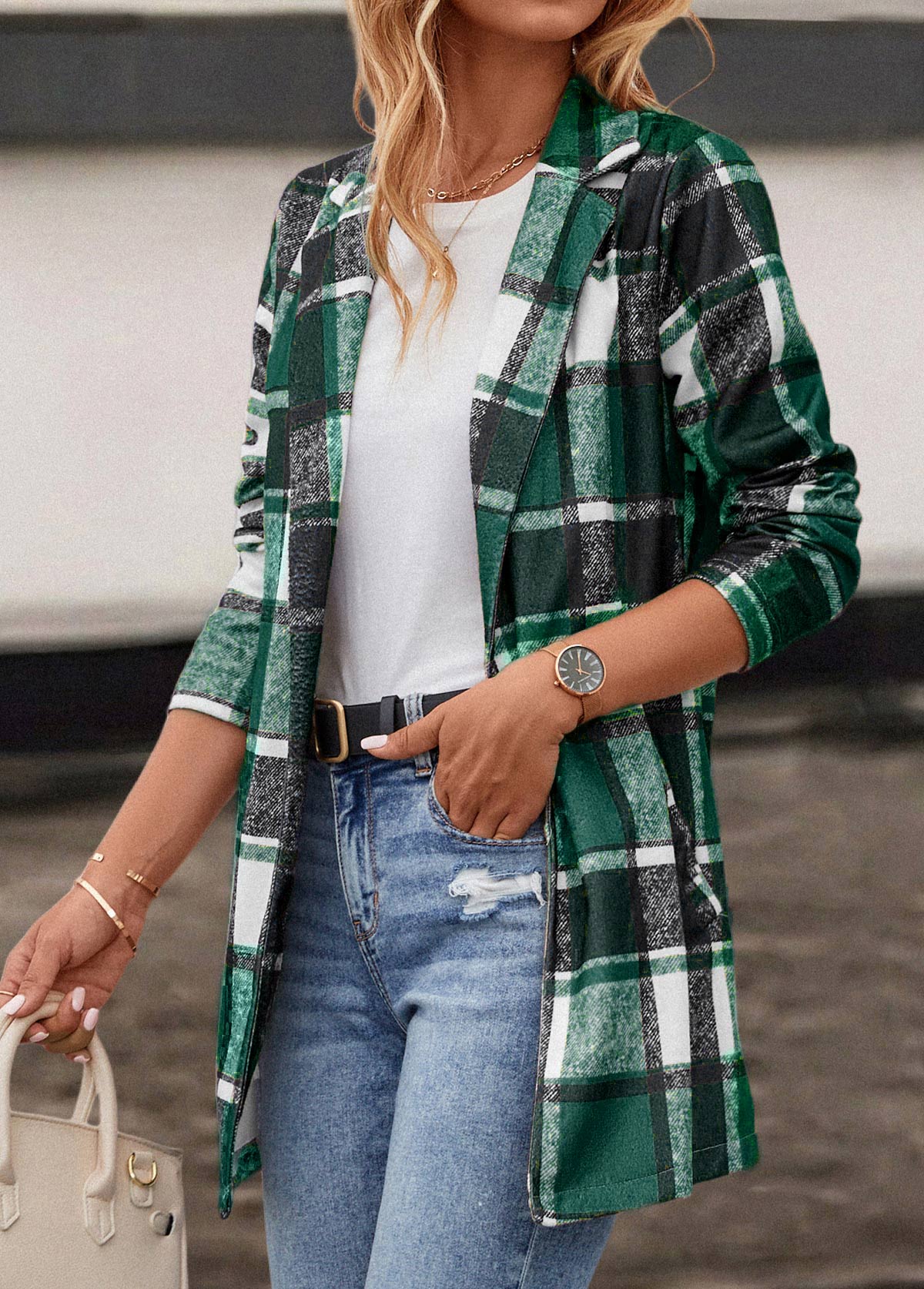 Green outerwear & coats,Plaid outerwear & coats,Pocket Plaid Green Lapel Long Sleeve Coat