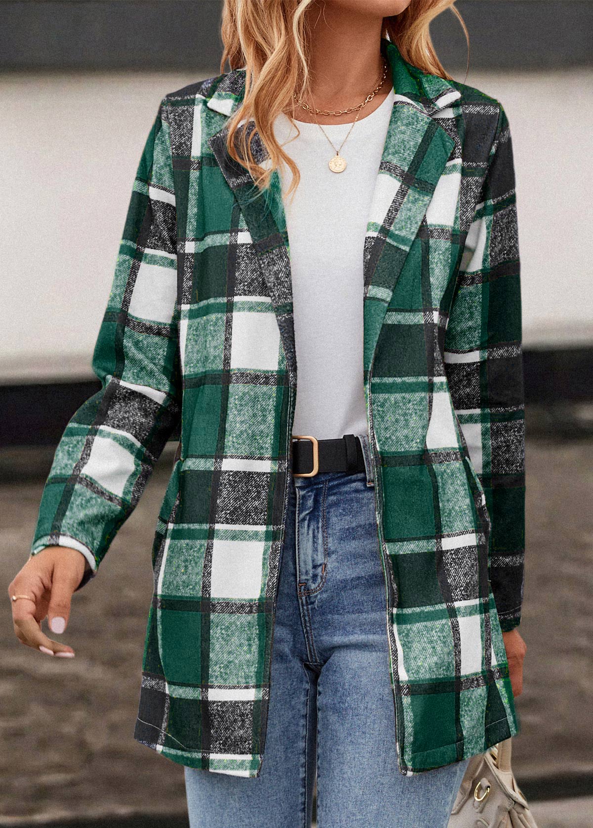 Green outerwear & coats,Plaid outerwear & coats,Pocket Plaid Green Lapel Long Sleeve Coat