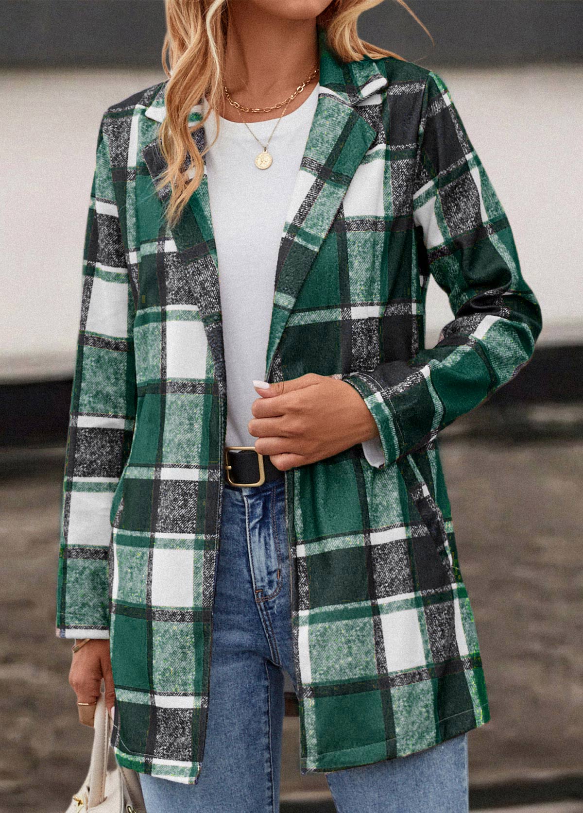 Green outerwear & coats,Plaid outerwear & coats,Pocket Plaid Green Lapel Long Sleeve Coat