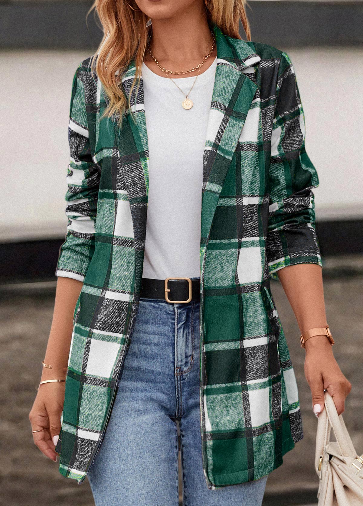 Green outerwear & coats,Plaid outerwear & coats,Pocket Plaid Green Lapel Long Sleeve Coat