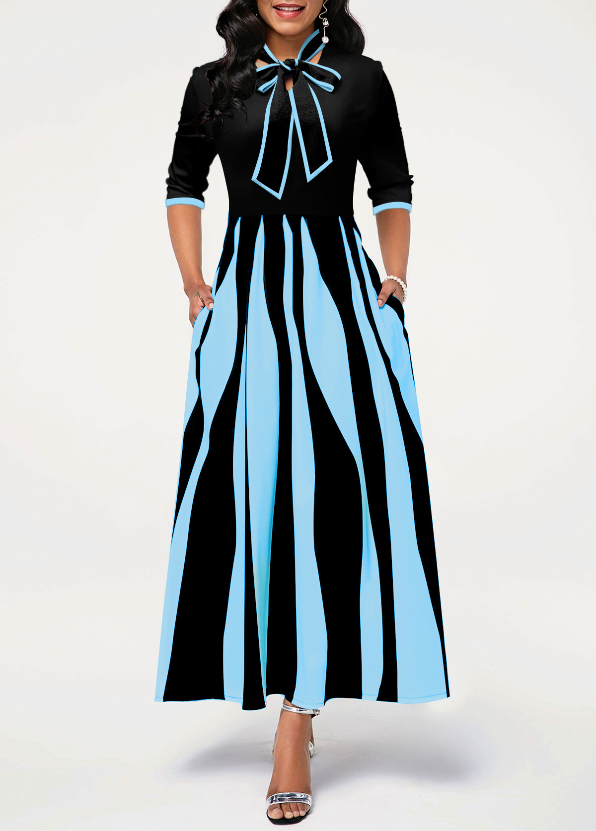 ROTITA Pocket Geometric Print Light Blue Maxi Dress