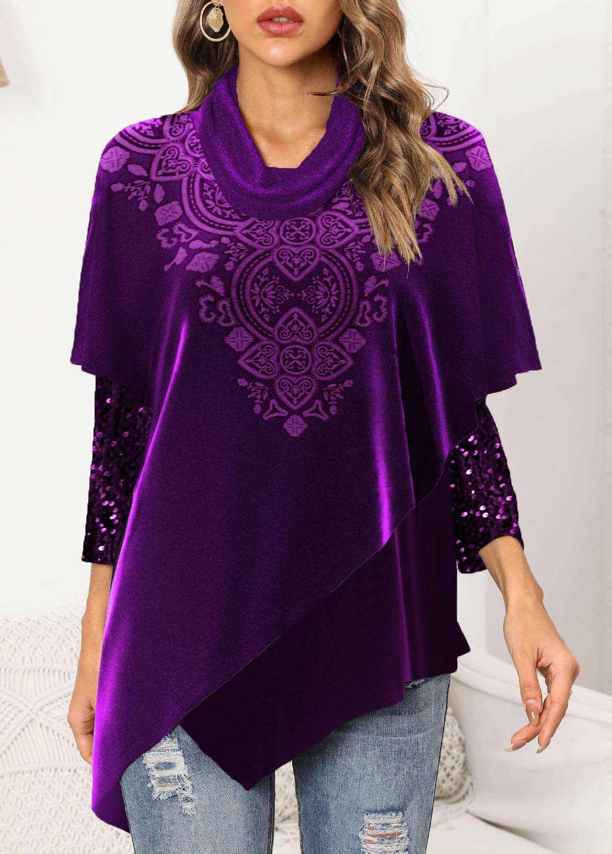 ROTITA Sequin Tribal Print Dark Purple Cowl Neck Sweatshirt