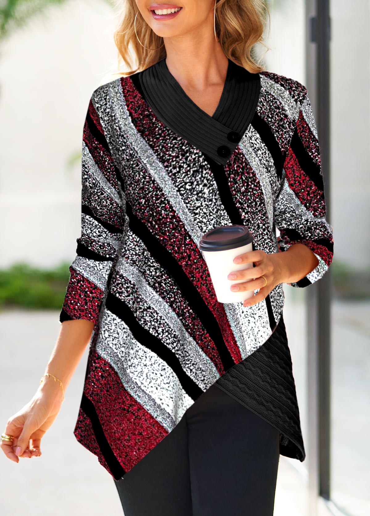 Multi Color tops,Geometric tops,Striped tops,ROTITA Cross Hem Geometric Print Multi Color Sweatshirt