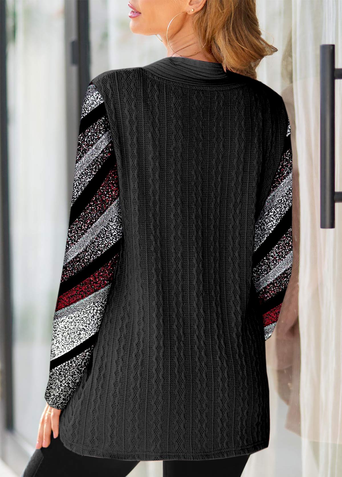 Multi Color tops,Geometric tops,Striped tops,ROTITA Cross Hem Geometric Print Multi Color Sweatshirt