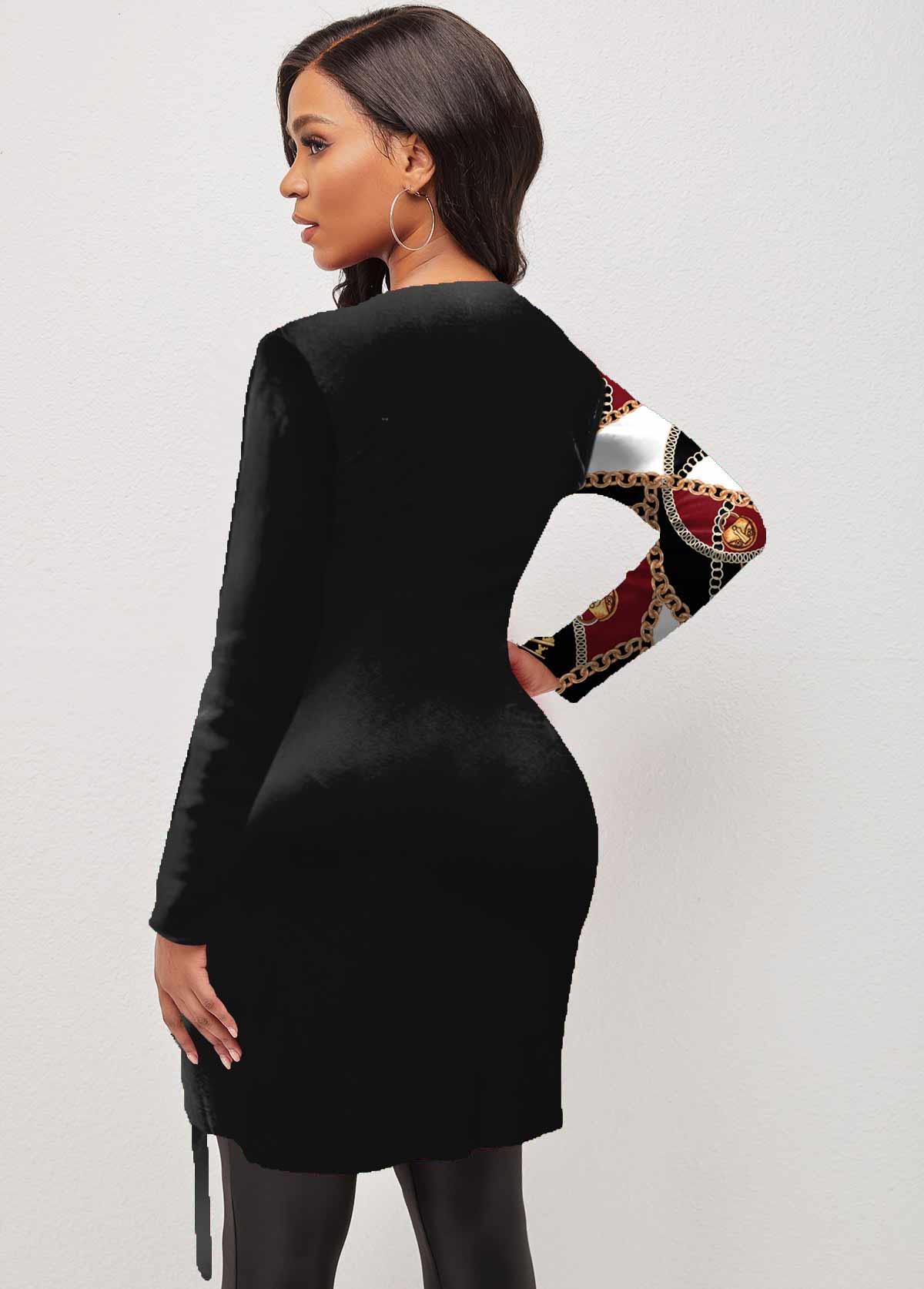 Black tops,Tribal tops,ROTITA Split Chain Print Black Long Sleeve T Shirt