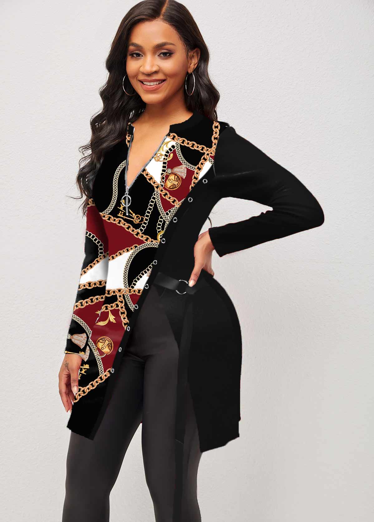 Black tops,Tribal tops,ROTITA Split Chain Print Black Long Sleeve T Shirt