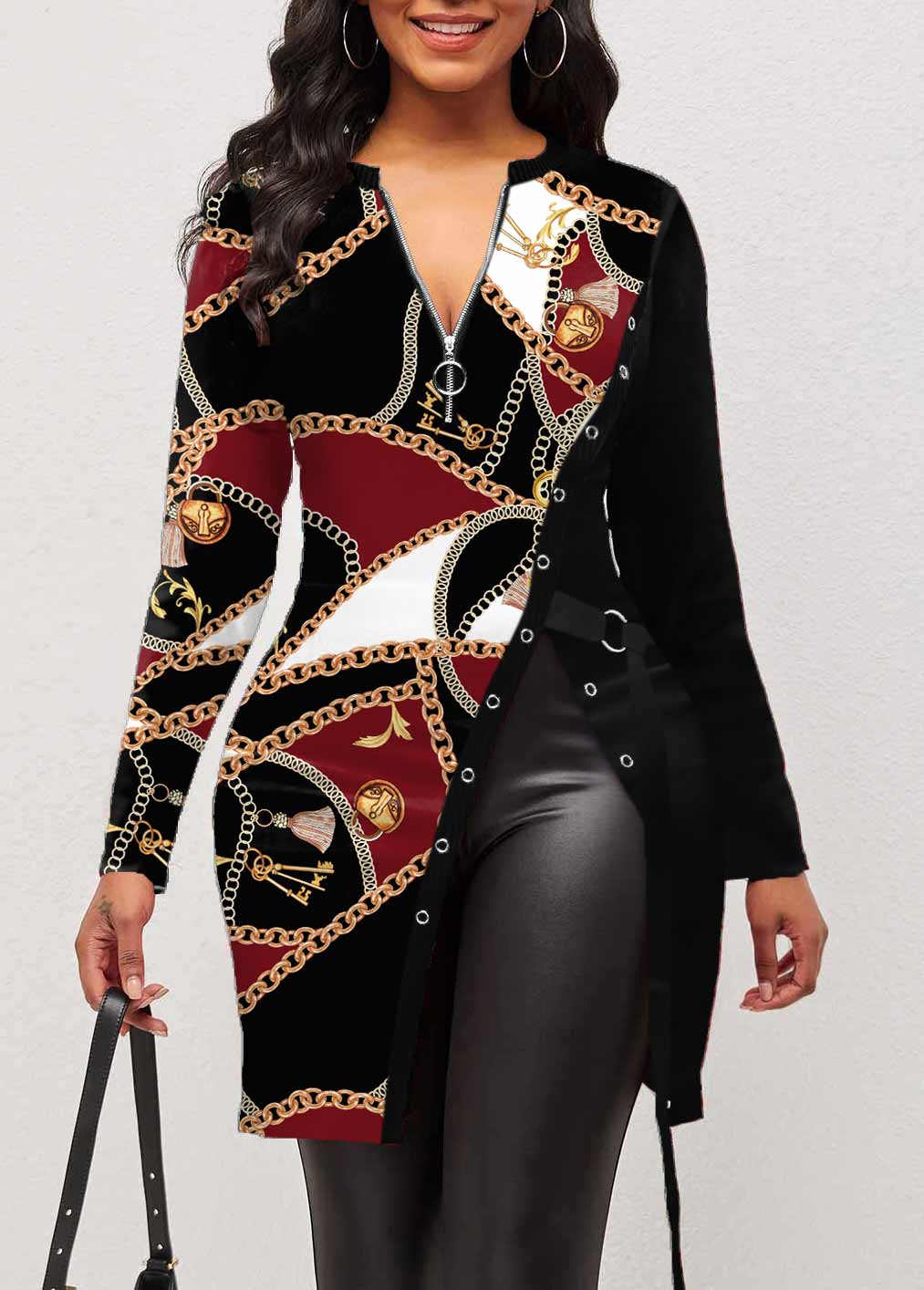 Black tops,Tribal tops,ROTITA Split Chain Print Black Long Sleeve T Shirt