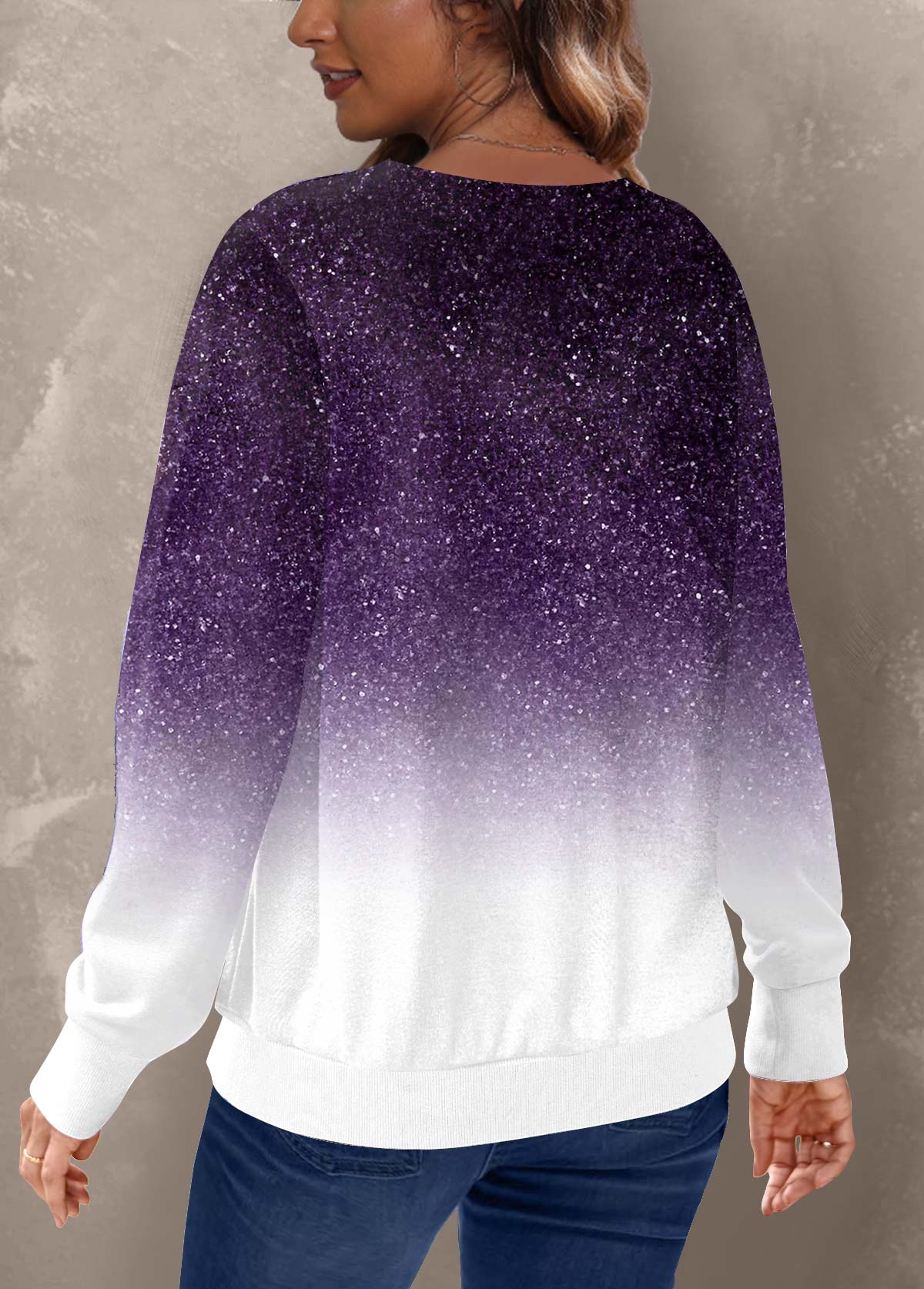 Purple plus size,Ombre plus size,ROTITA Plus Size Purple Ombre Round Neck Sweatshirt