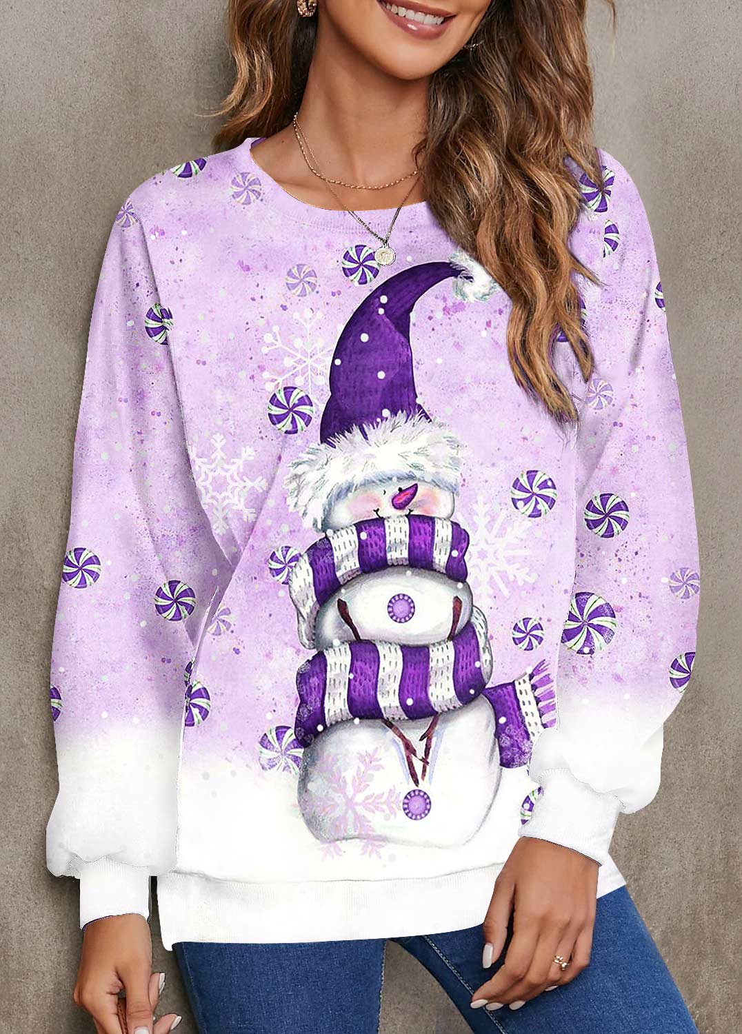 ROTITA Plus Size Purple Snowman Print Round Neck Sweatshirt