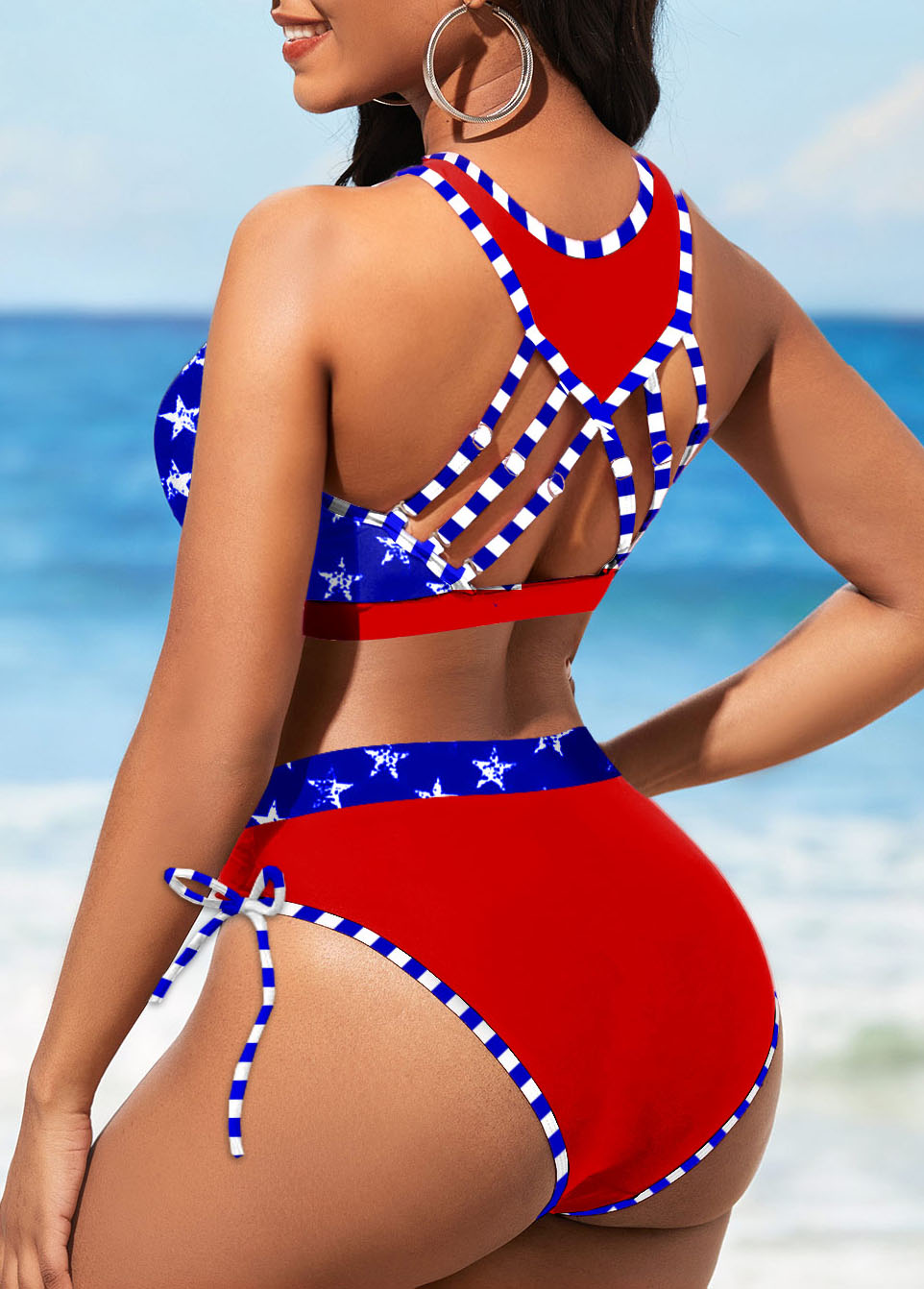 Red swimwear,Blue swimwear,Flag swimwear,Striped swimwear,ROTITA Cut Out Red Flag Print Bikini Top