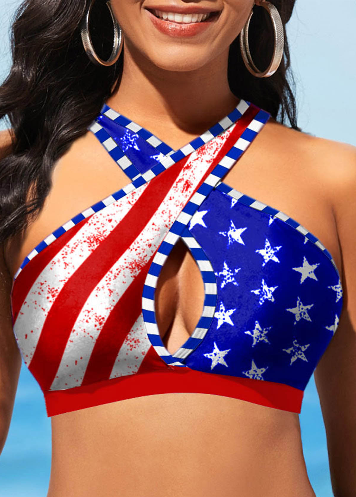 Red swimwear,Blue swimwear,Flag swimwear,Striped swimwear,ROTITA Cut Out Red Flag Print Bikini Top