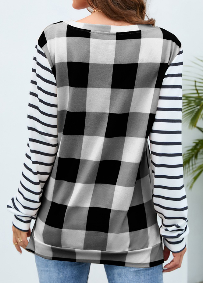 White tops,Plaid tops,Striped tops,Geometric tops,Plaid White Round Neck Long Sleeve T Shirt