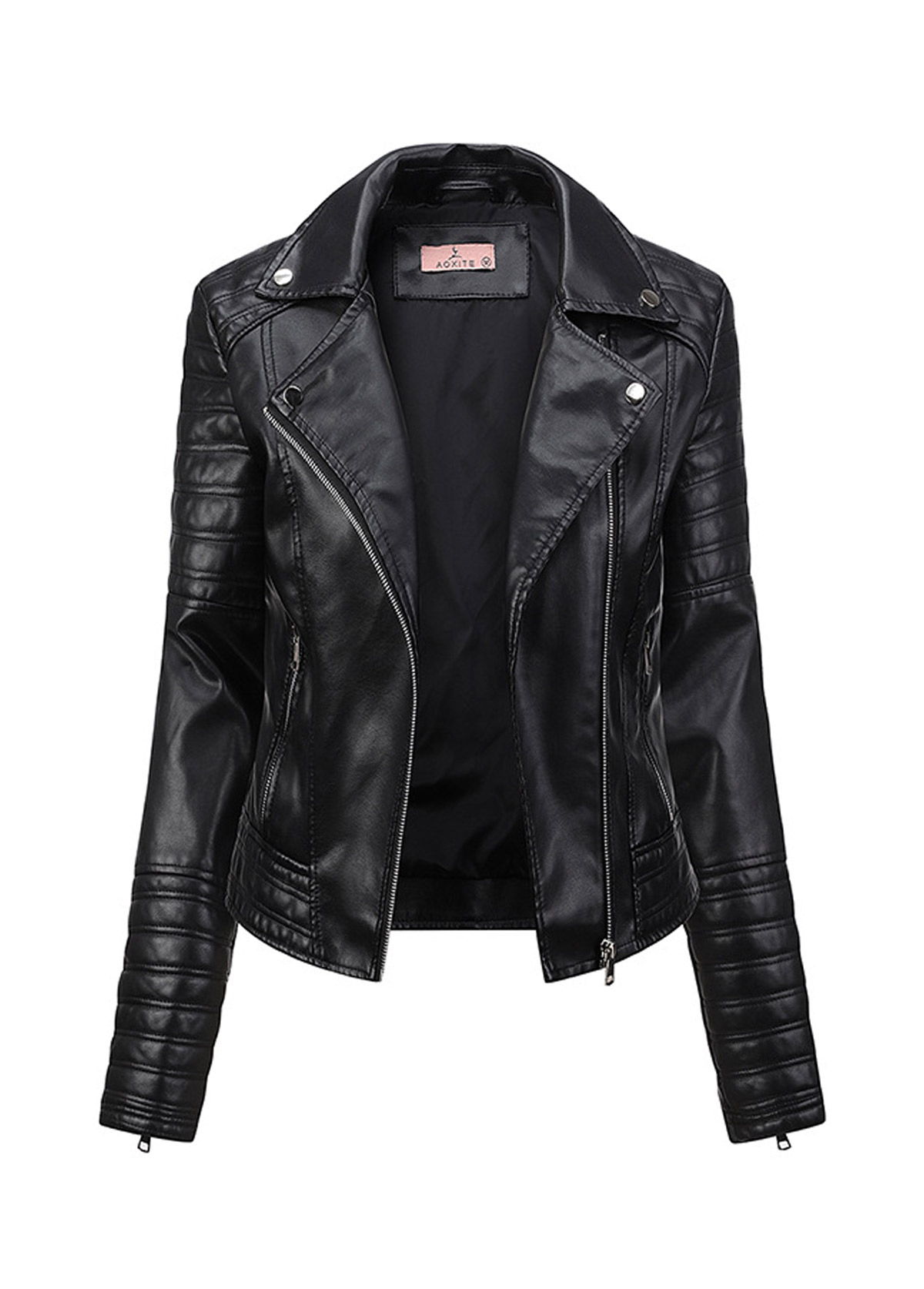 Black outerwear & coats,Plain Color outerwear & coats,Zipper Black Lapel Long Sleeve Jacket