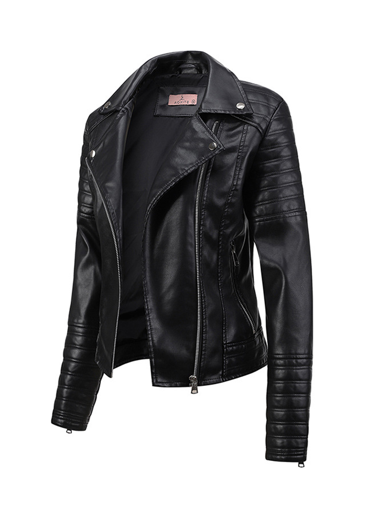 Black outerwear & coats,Plain Color outerwear & coats,Zipper Black Lapel Long Sleeve Jacket