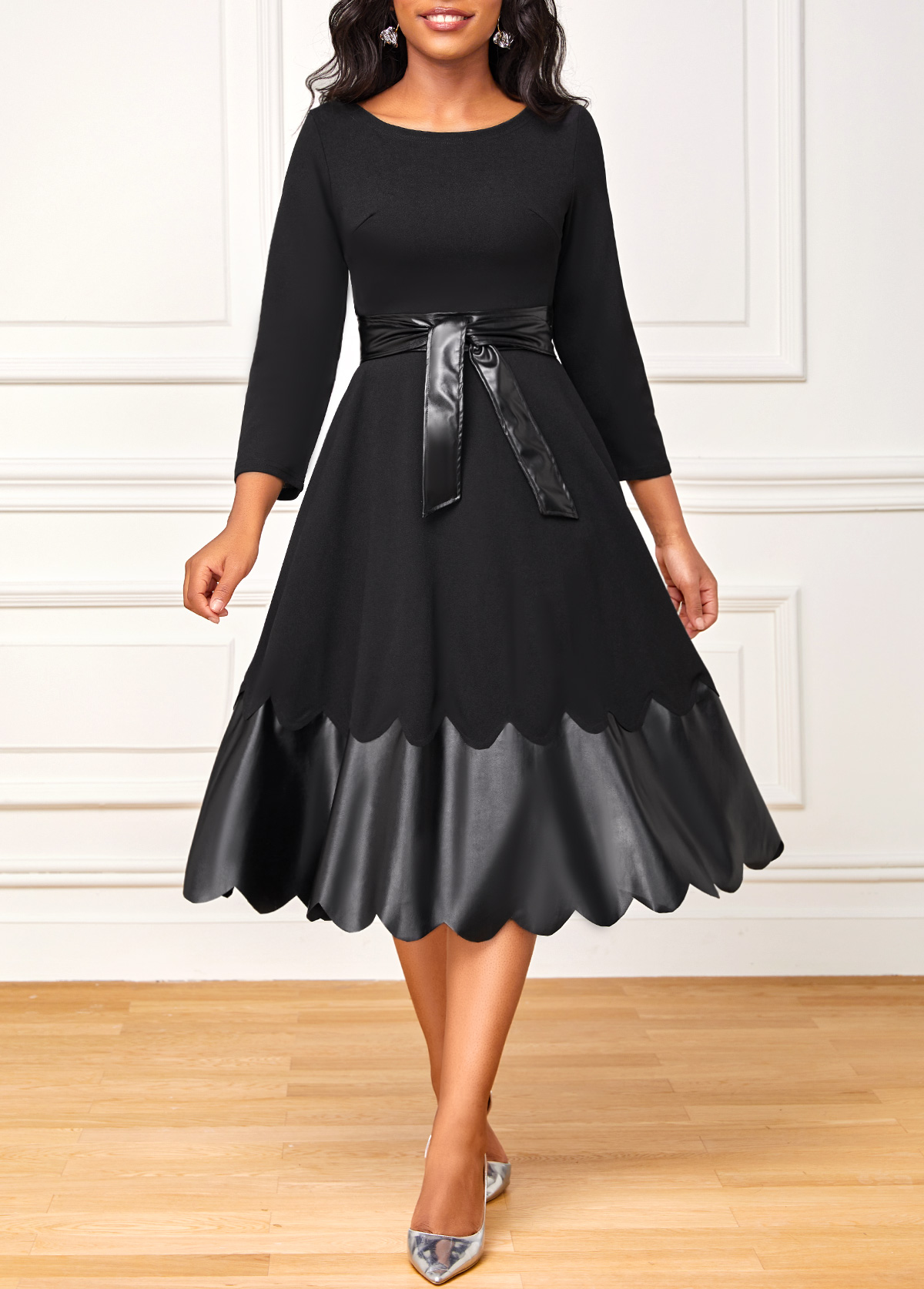 ROTITA 3/4 Sleeve Black Scalloped Hem Belted Dress
