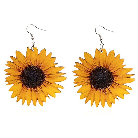 1 paire de boucles d'oreilles en bois avec motif tournesol jaune