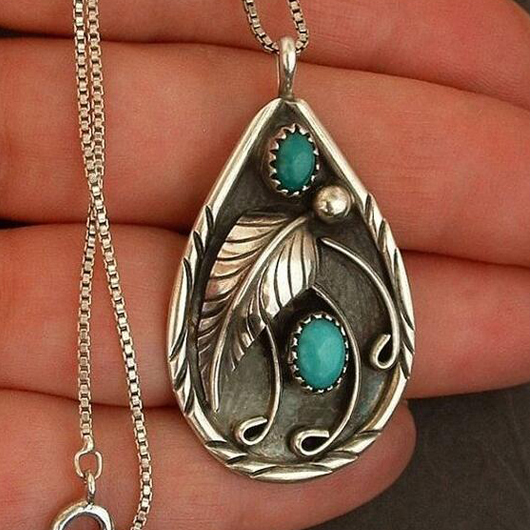 Turquoise Feather Design Teardrop Metal Necklace