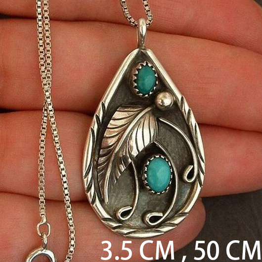 Turquoise jewelry,Contrast Color jewelry,Turquoise Feather Design Teardrop Metal Necklace