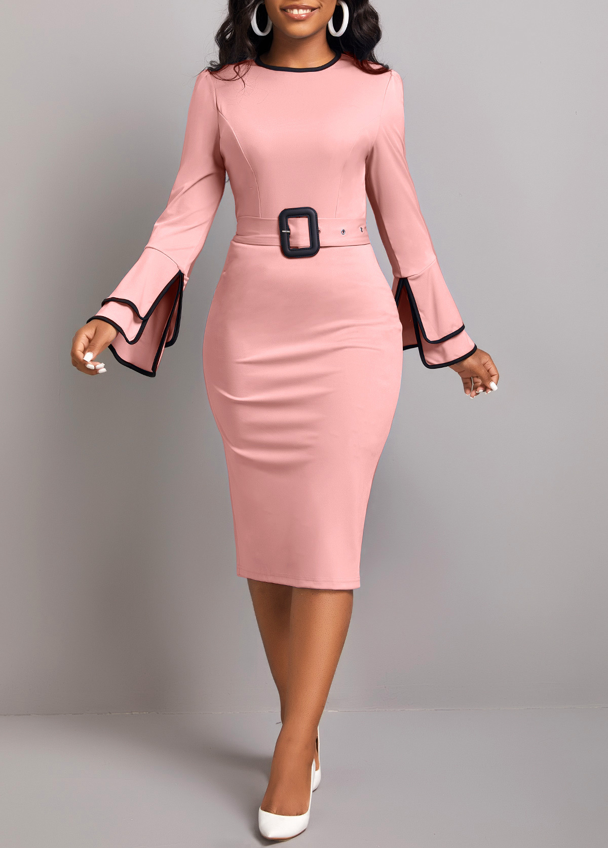 ROTITA Dusty Pink Belted Round Neck Dress