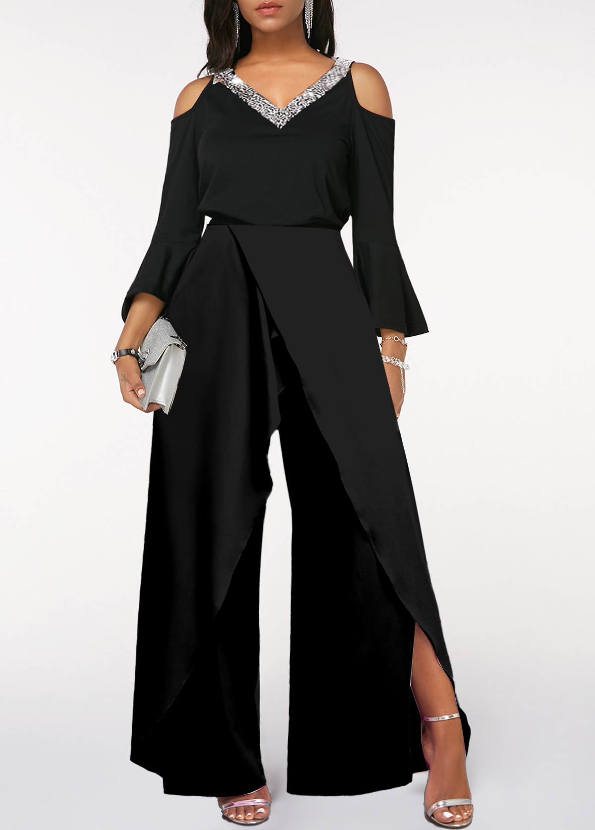 ROTITA Sequin Black Long Sleeve V Neck Jumpsuit