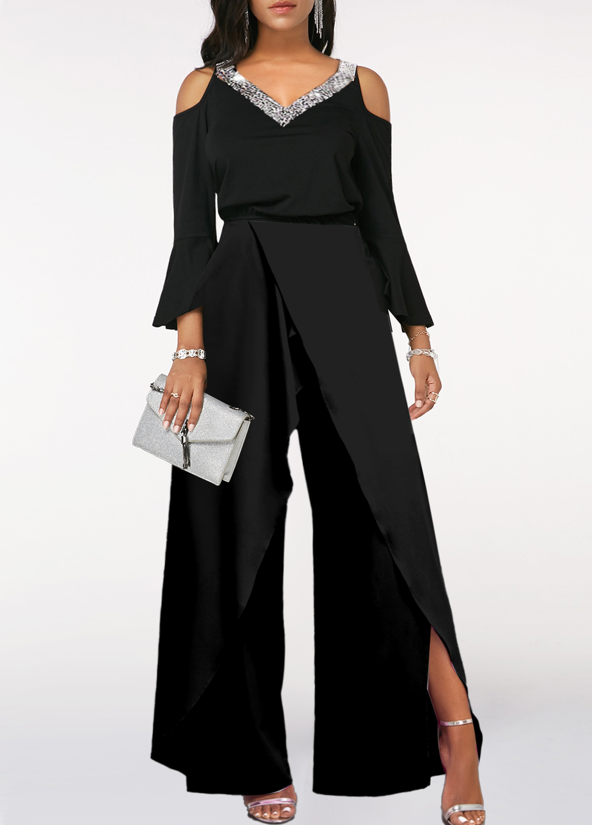 Black jumpsuits&rompers,Plain Color jumpsuits&rompers,ROTITA Sequin Black Long Sleeve V Neck Jumpsuit