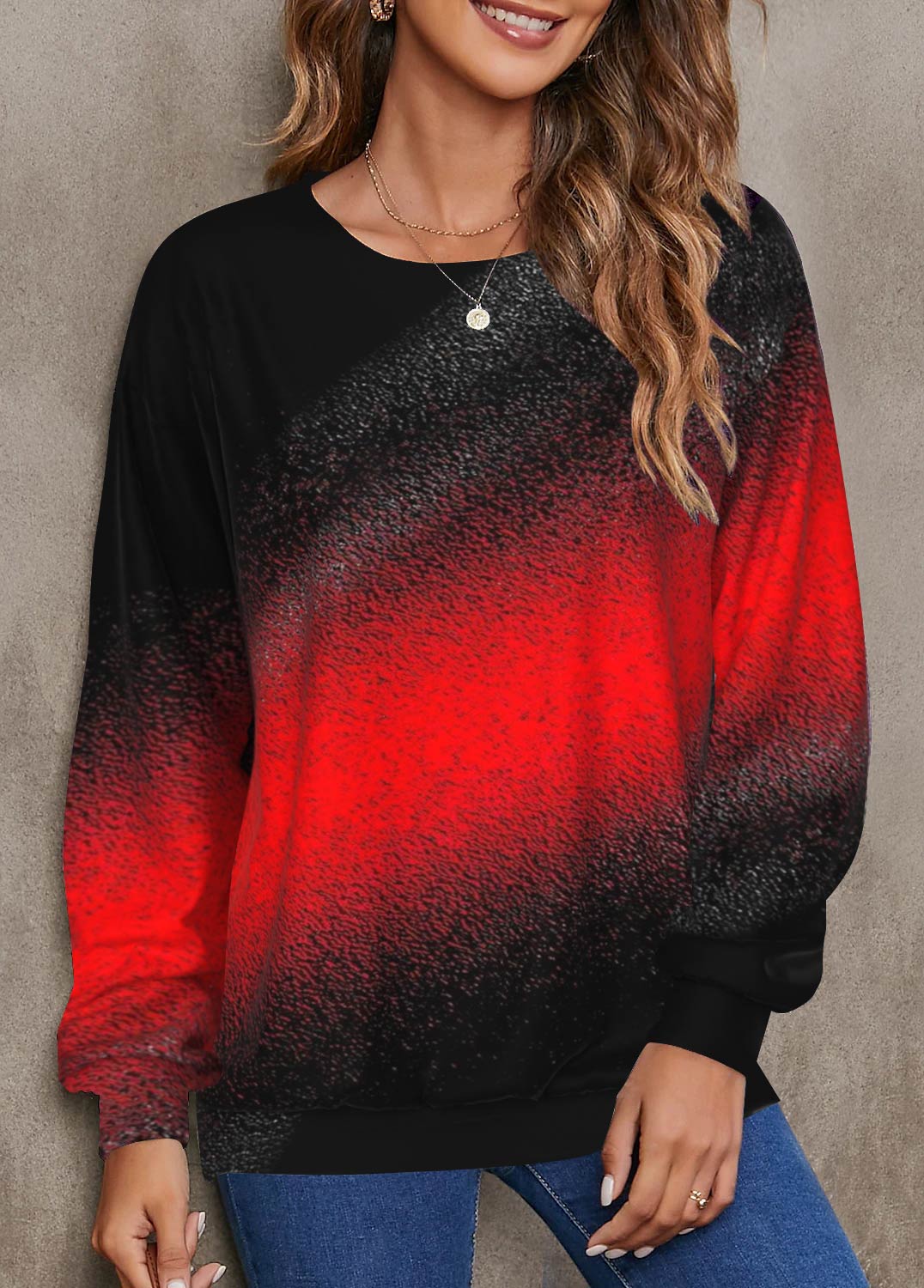 ROTITA Ombre Red Round Neck Long Sleeve Sweatshirt