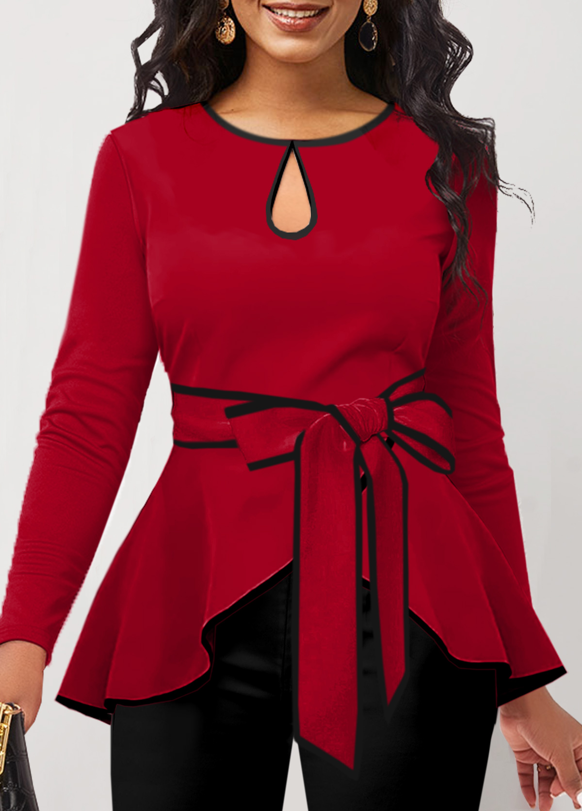 ROTITA Contrast Binding Red Belted Round Neck T Shirt