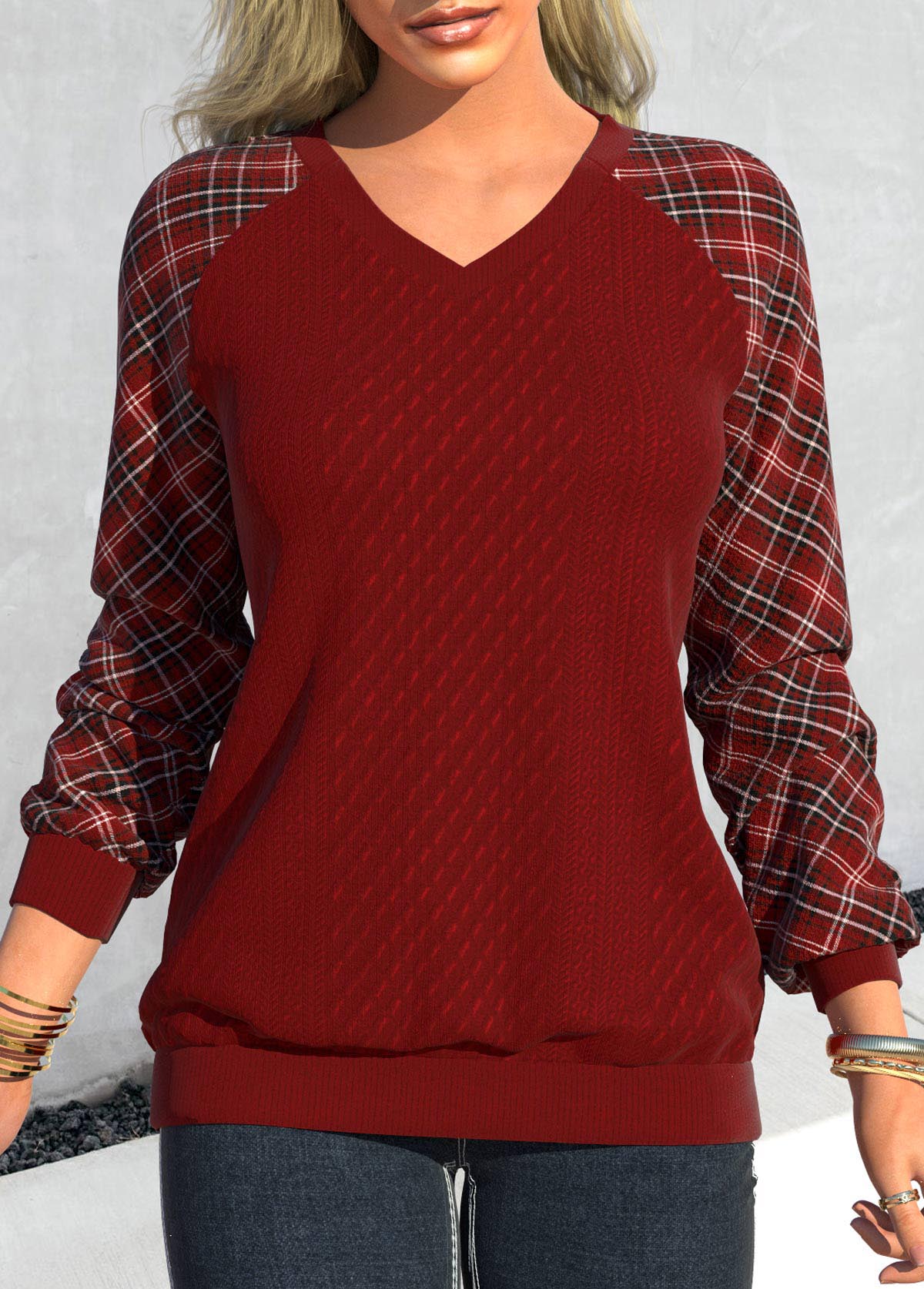 ROTITA Patchwork Plaid Deep Red V Neck Sweatshirt