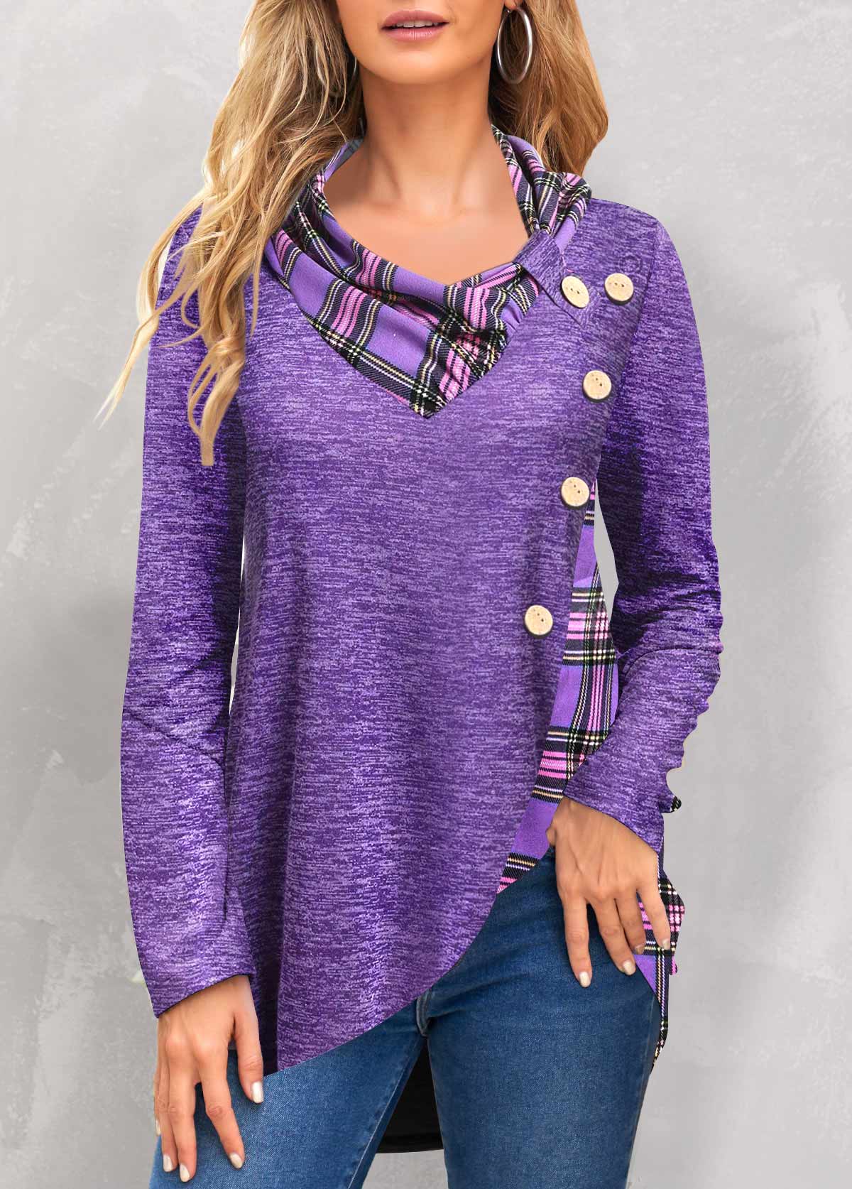 Purple tops,Plaid tops,ROTITA Patchwork Plaid Purple Cowl Neck Long Sleeve Sweatshirt