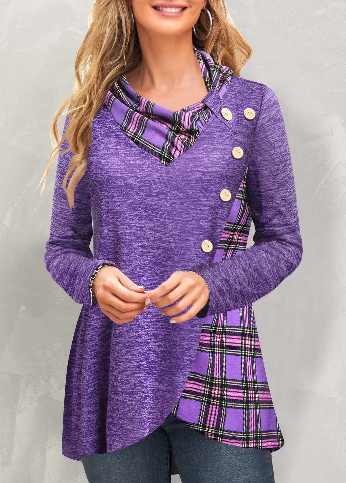 Purple tops,Plaid tops,ROTITA Patchwork Plaid Purple Cowl Neck Long Sleeve Sweatshirt