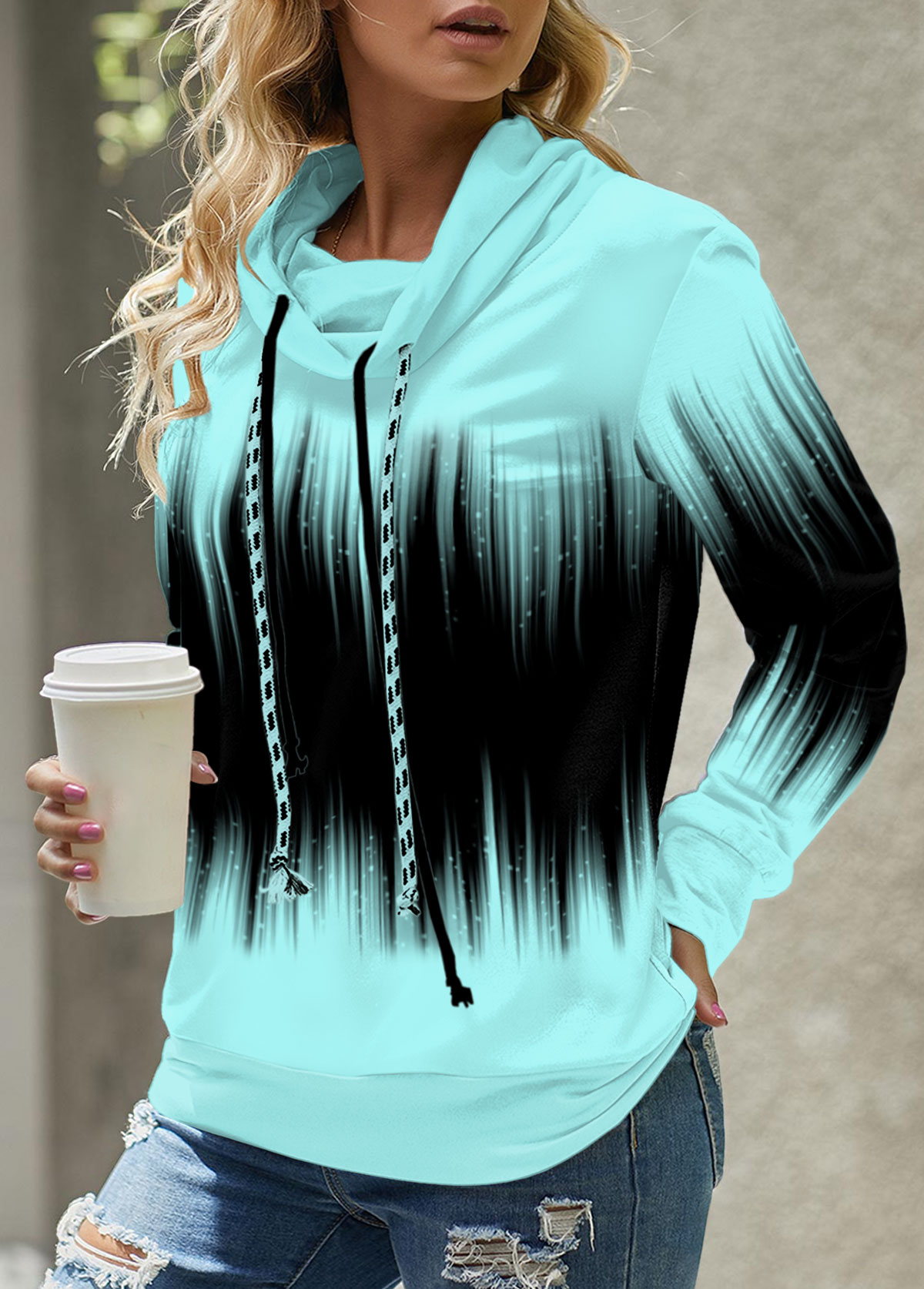 ROTITA Drawstring Ombre Cyan Cowl Neck Long Sleeve Sweatshirt