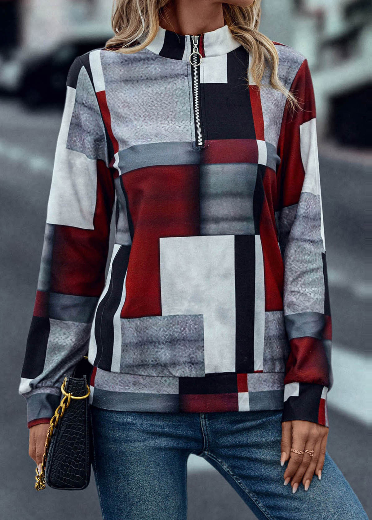 Zipper Geometric Print Deep Red High Neck Sweatshirt