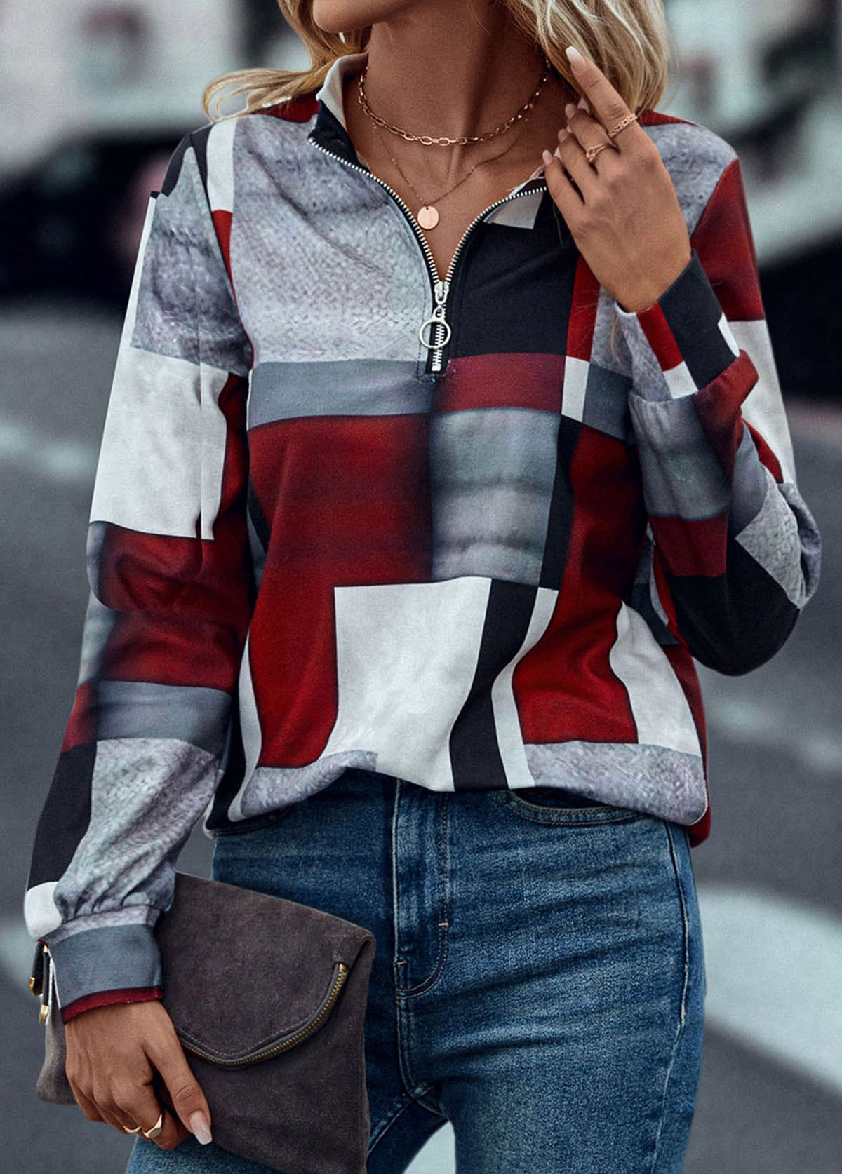 Deep Red tops,Geometric tops,Striped tops,Zipper Geometric Print Deep Red High Neck Sweatshirt