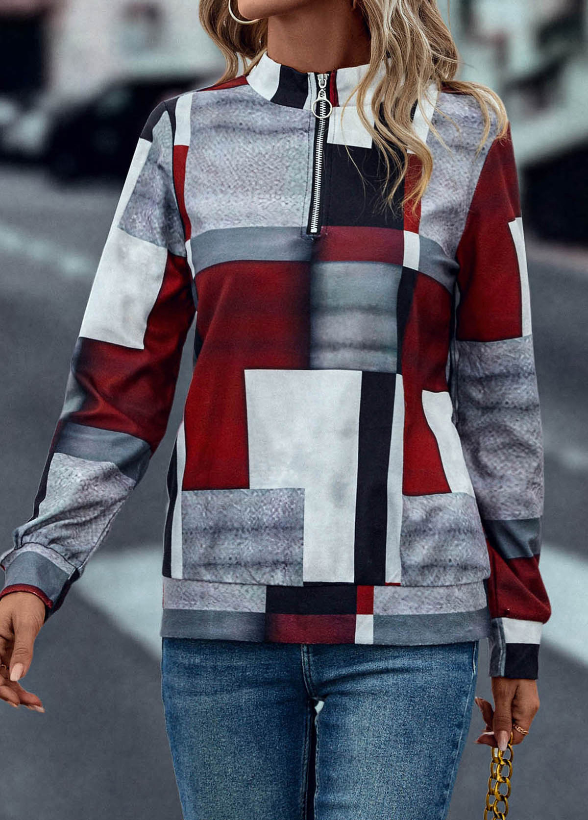 Deep Red tops,Geometric tops,Striped tops,Zipper Geometric Print Deep Red High Neck Sweatshirt