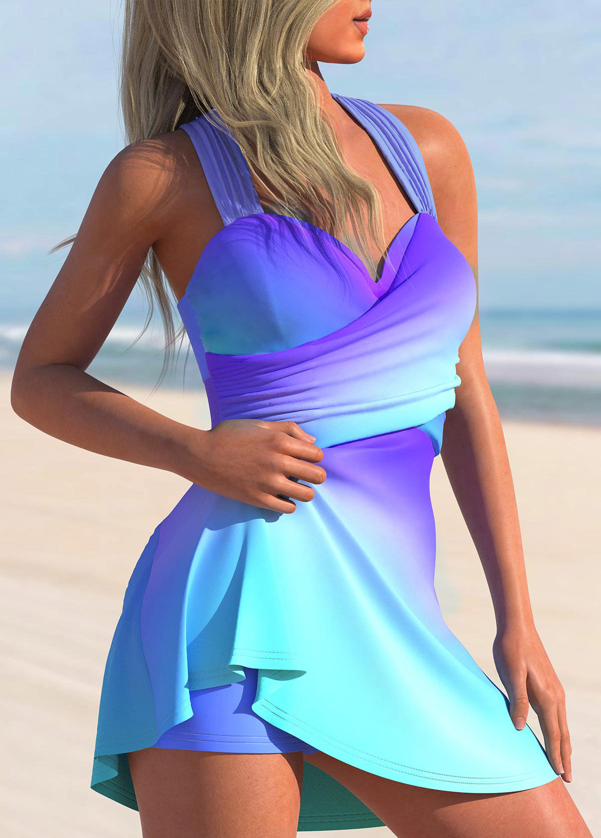 Light Purple swimwear,Cyan swimwear,Ombre swimwear,ROTITA Criss Cross Light Purple Ombre Swimdress Top