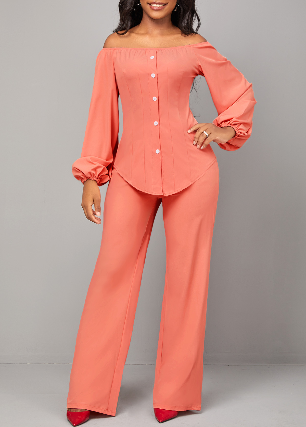 Coral jumpsuits & rompers,Plain Color jumpsuits & rompers,Button Coral Red Off Shoulder Top and Pants