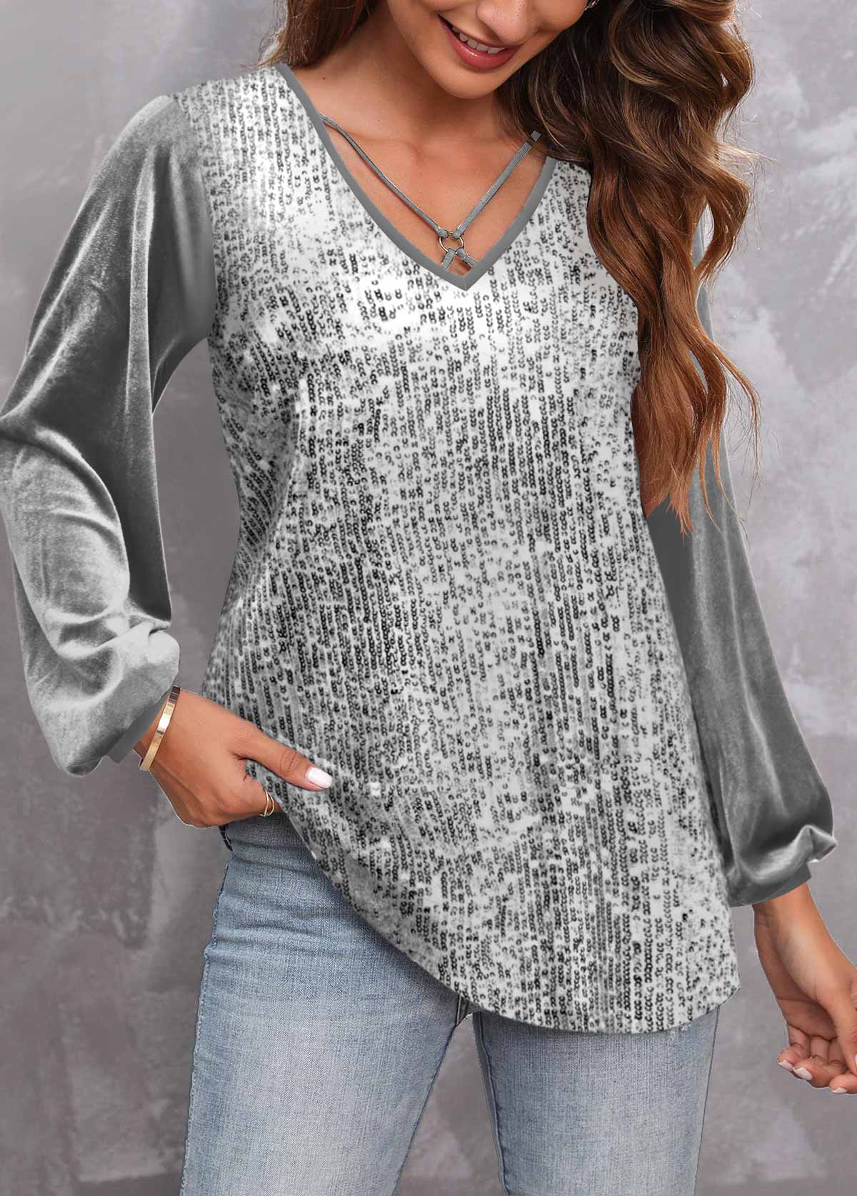 Rotita Pailletten-Langarm-T-Shirt in Silber mit V-Ausschnitt