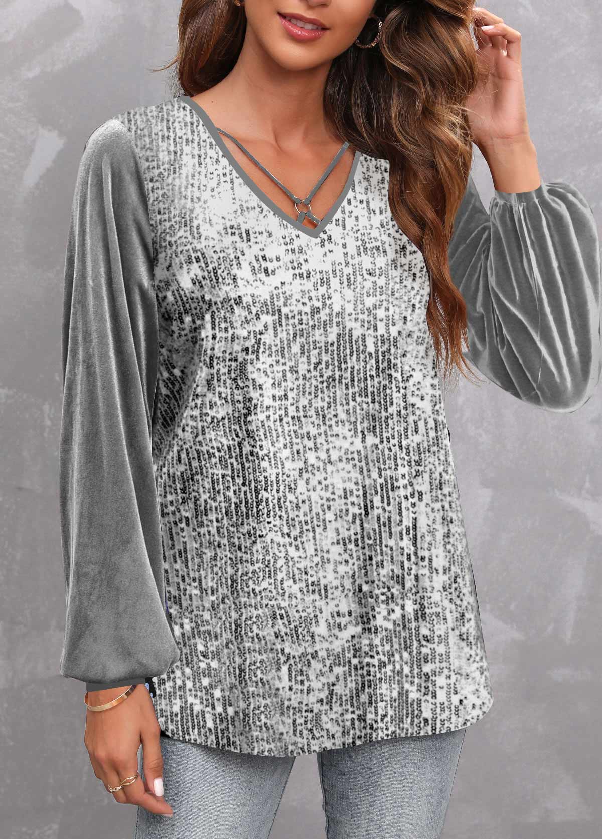 Silver tops,Plain Color tops,ROTITA Sequin Silver V Neck Long Sleeve T Shirt